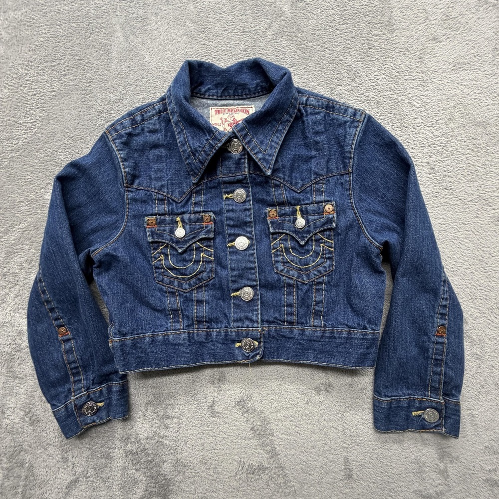 True Religion Jacket Youth M Blue Denim Collared Button Pockets Short Slim